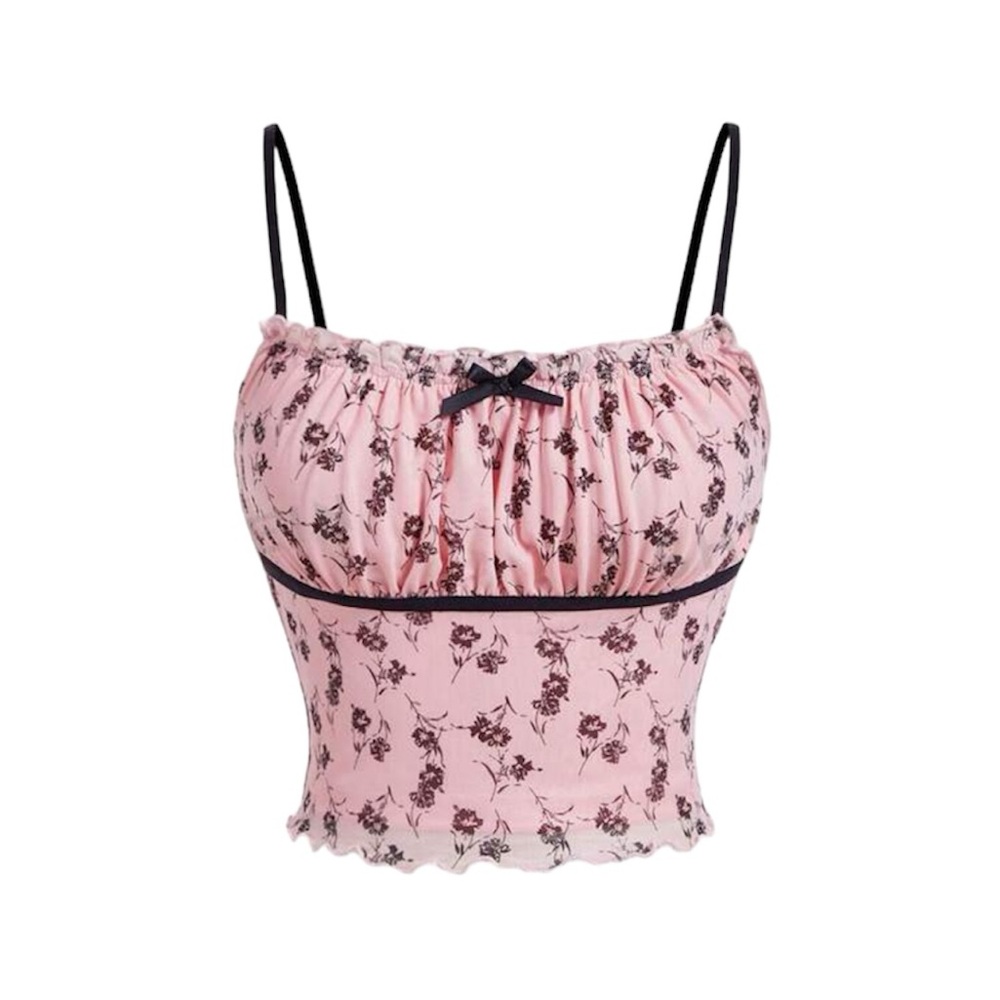 Women's Summer Floral Butterfly Knot Decoration Pleated Camisole Tank Top